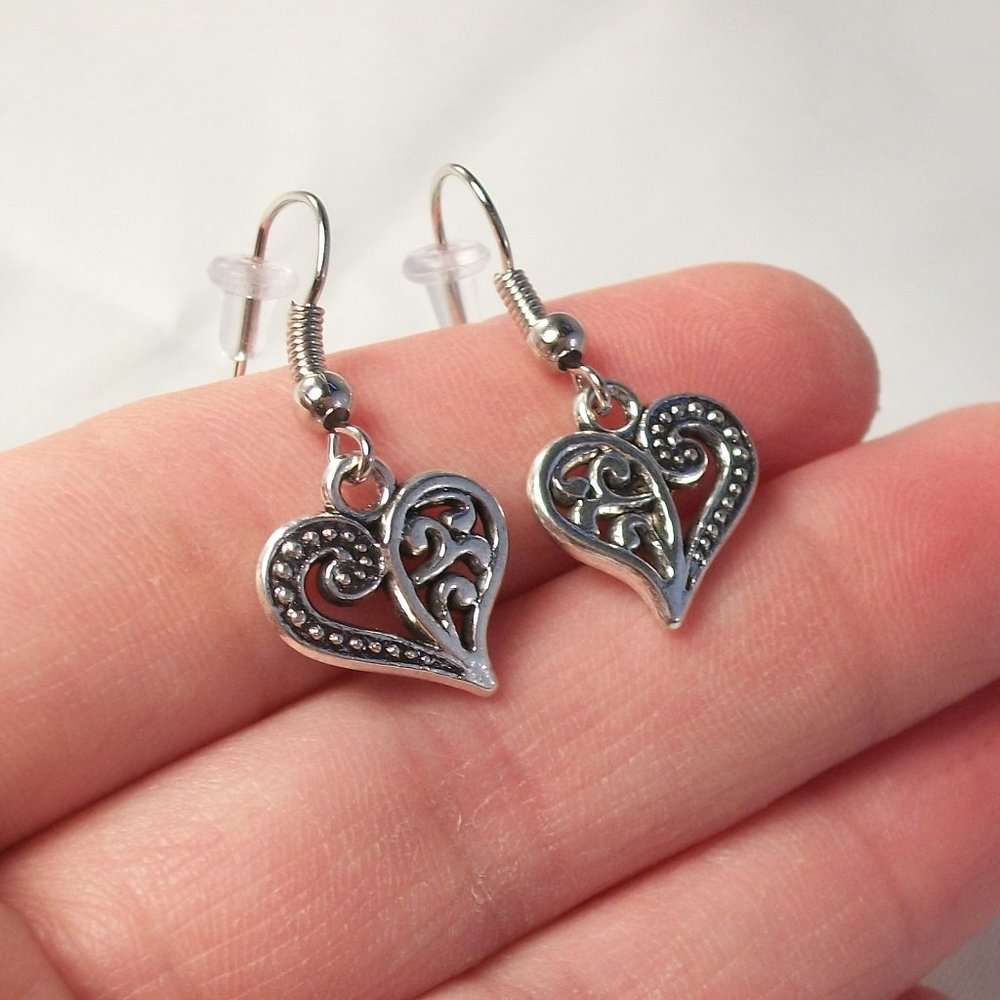 Silver Filigree Heart Earrings Hypoallergenic Hook
